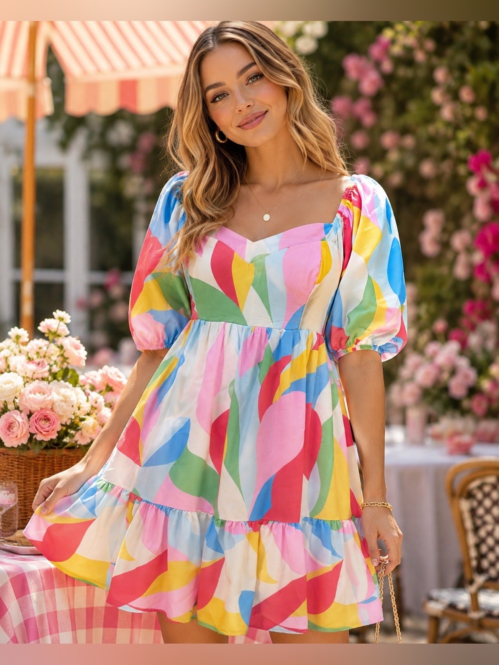 Vestique Small Colorful Abstract Puff Sleeve Smocked Midi Dress